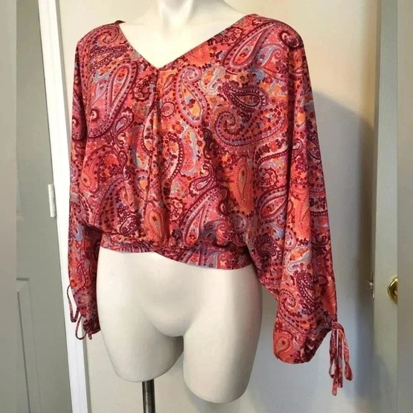 NWT Umgee Multicolored Paisley Print Long Balloon Puff Sleeve V-Neck Blouse(S) - Picture 3 of 13